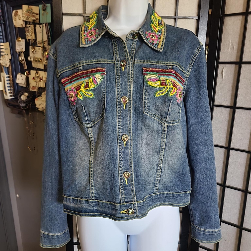 V CRISTINA beaded Sequined Denim Jacket M